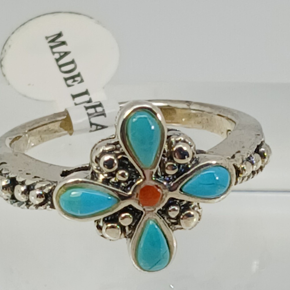 Vintage 90s BOMA Sterling Silver Turquoise Coral Flower Ring Size 6 Thailand NOS - Picture 2 of 16